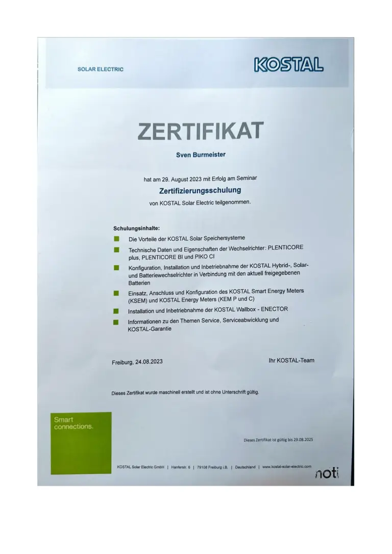 Zertifizierungsschulung Kostal Solar Electric