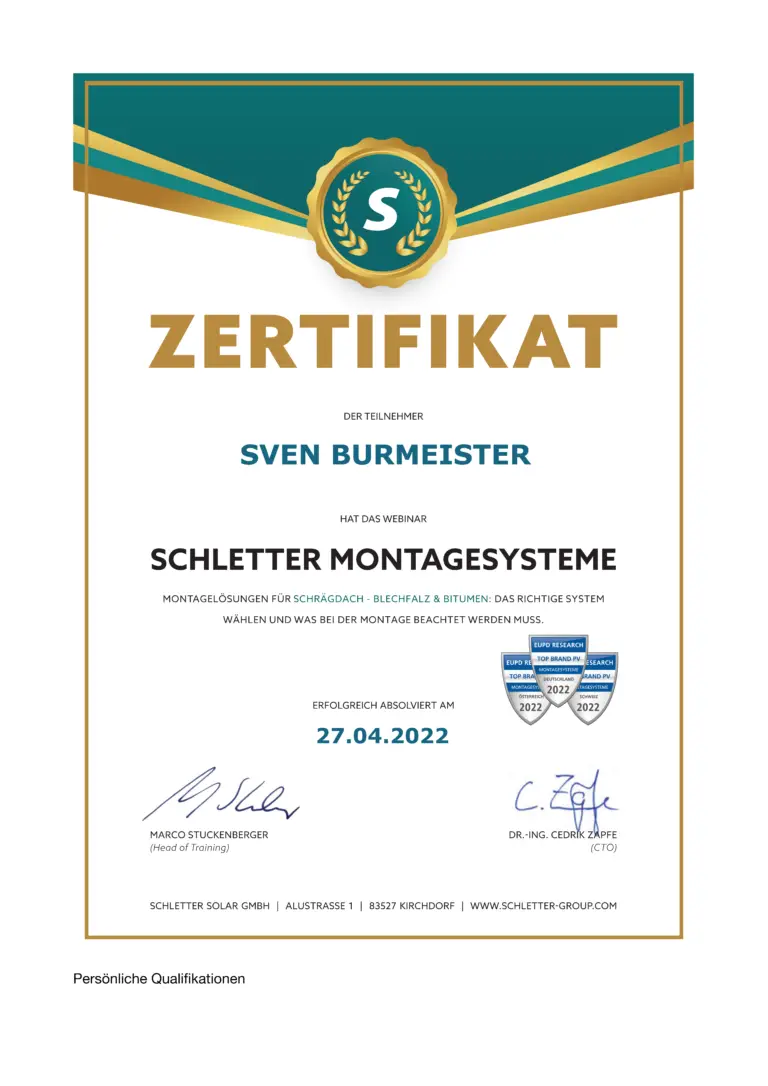 Zertifikatslehrgang Schletter Montagesysteme
