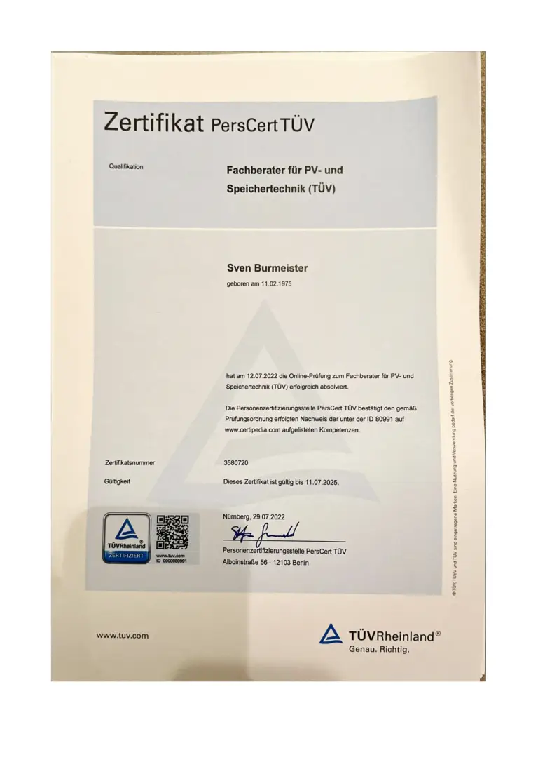 Fachberater für PV- und Speichertechnik ( TÜV )